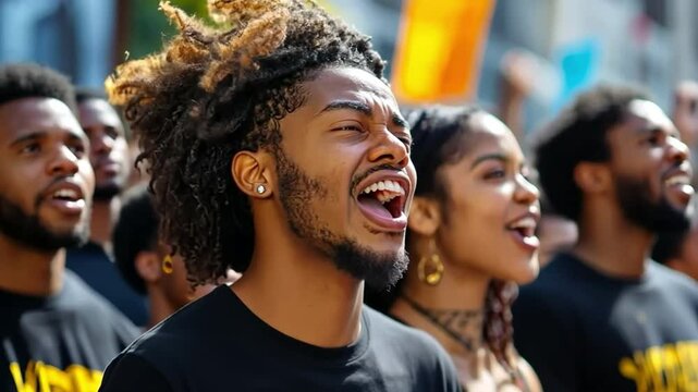 A group of Black African Americans yelling in the street to support human rights, freedom of expression, and anti-racism