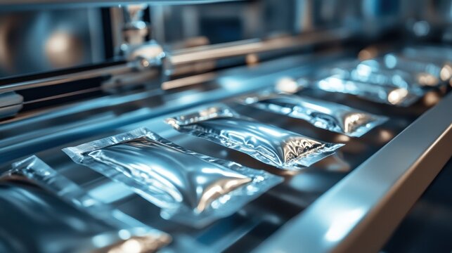 Closeup of a microscale packaging machine sealing tiny pouches filled with organic powder with the gleaming metallic seals glistening in the light.
