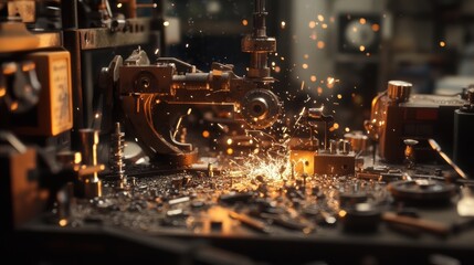 A macro shot of a workstation cluttered with tiny metal parts and tools where a craftsman delicately shapes intricate designs using a mini lathe sparks flying from the metalwork.