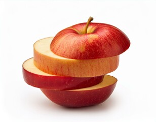 Realistic red apple whole fruit, slice and half with green leaf, vector food. Isolated 3d ripe fresh apple cutted into juicy wedges with brown seeds and red peel, summer fruit of farm orchard tree