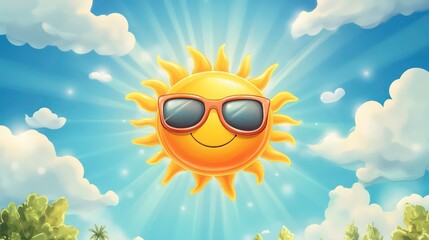 Bright summer day cartoon sun with sunglasses against blue sky