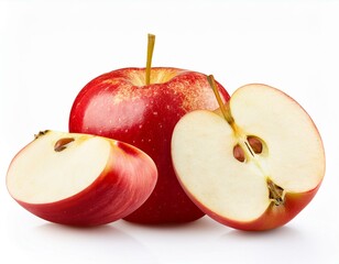 Realistic red apple whole fruit, slice and half with green leaf, vector food. Isolated 3d ripe fresh apple cutted into juicy wedges with brown seeds and red peel, summer fruit of farm orchard tree