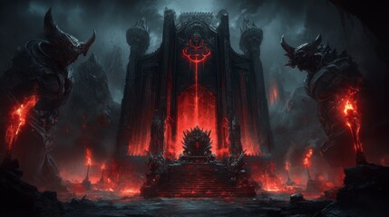 Dark Fantasy Throne Room with Demonic Statues and Fiery Atmosphere