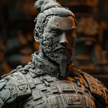 Bold fusion sculpture with terracotta warrior and robot design