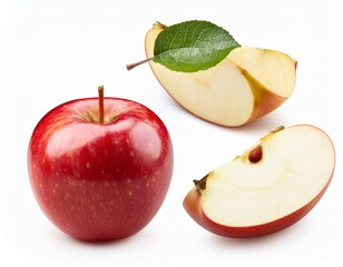 Realistic red apple whole fruit, slice and half with green leaf, vector food. Isolated 3d ripe fresh apple cutted into juicy wedges with brown seeds and red peel, summer fruit of farm orchard tree