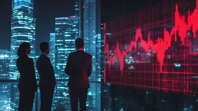 Business people looking at a red stock market graph with a city in the background