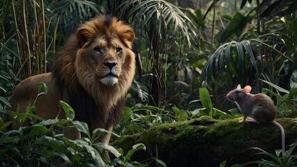 Obraz premium The lion and the rat in the forest cinematic scene moral story
