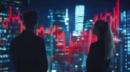 Business people looking at a red stock market graph with a city in the background