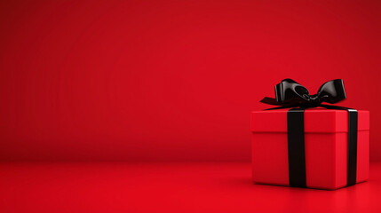 red gift box with black  ribbon on red background