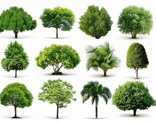 Trees collection set. Green plants with leaves, garden botanical 