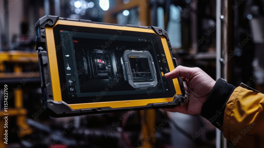 Poster a rugged tablet held in a workers hands displaying a live video feed of a production line allowing f
