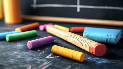 Colorful Chalks and a Ruler Scattered on a Chalkboard