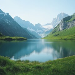 Fototapeta premium Serene mountain lake reflecting peaks. (1)