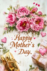 Pink roses painting, gifts and hearts celebrating Mother's Day