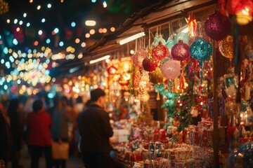 Naklejka premium Vibrant Christmas market stall with colorful ornaments and festive lights