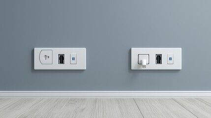 Wall-mounted electrical outlets with USB ports for charging devices.