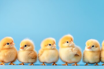 A charming lineup of fluffy yellow chicks symbolizes the arrival of spring and the joy of Easter, each showcasing unique personalities against a soft blue backdrop that enhances their cuteness