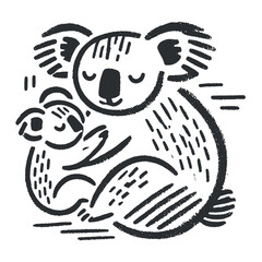 Minimalistic hand drawn koala mom with baby illustration with bold black lines 