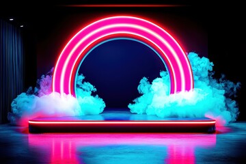 A glowing neon rainbow arch with smooth gradients transitioning through vibrant colors, surrounded by swirling mist and subtle sparkles for a whimsical and modern vibe. 