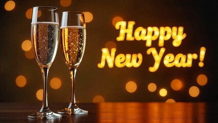 Elegant Champagne Glasses with Happy New Year Text. Festive Celebration Concept