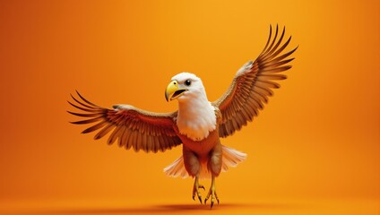 Obraz premium Majestic bald eagle landing with outstretched wings on orange background