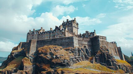 Fototapeta premium Majestic castle perched atop a rocky hill under a vibrant sky.