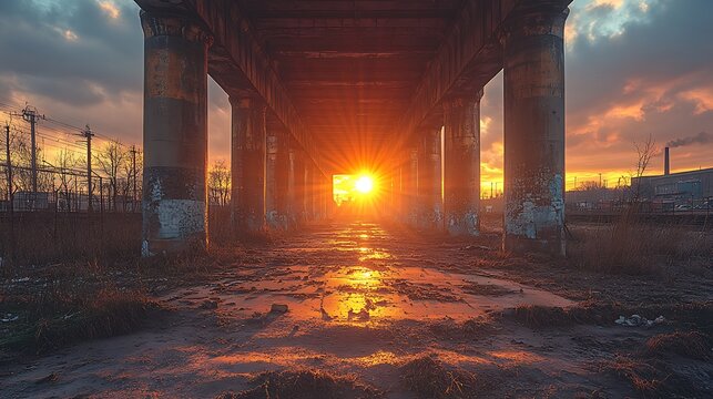Sunset Glowing Through Industrial Underpass Columns