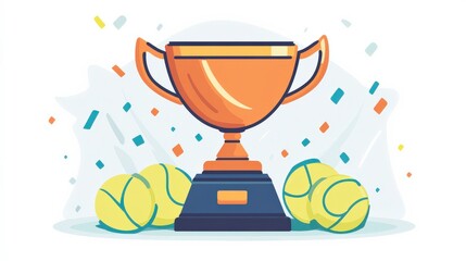 Vibrant Illustration of a Golden Trophy Surrounded by Tennis Balls and Colorful Confetti Celebrating Achievement and Success in Sports