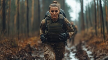 Soldier navigating muddy terrain in a forested training area