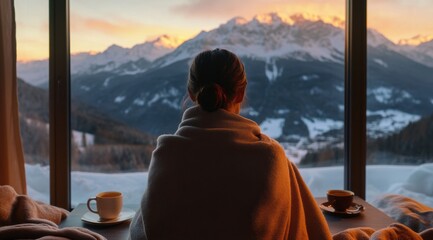 Fototapeta premium Cozy morning with hot drinks and stunning mountain view at sunrise