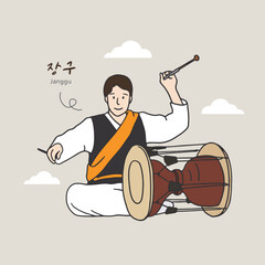 an illustration of a man playing Korean instrument janggu