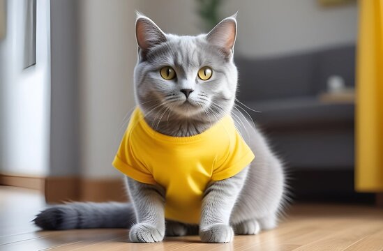 a gray cat wearing a yellow shirt that says a on it. - Powered by Adobe