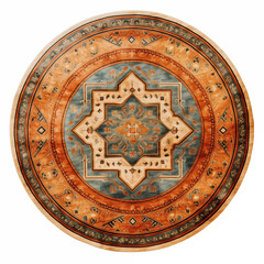Fototapeta premium Round Rug Oriental Carpet Teal Orange Beige Mandala Geometric Pattern Intricate Design Floor Decor Home Textile