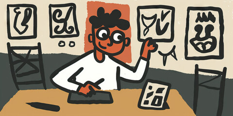 Person Working at Table with Abstract Wall Art