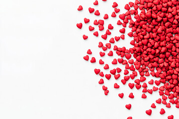 Scattered red heart sprinkles on a white background, ideal for Valentine's Day designs and festive decor