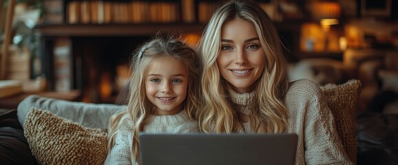 Happy Mother and Daughter Using Laptop Together at Home