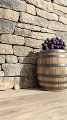 Fototapeta premium Wooden Barrel of Grapes Against Stone Wall