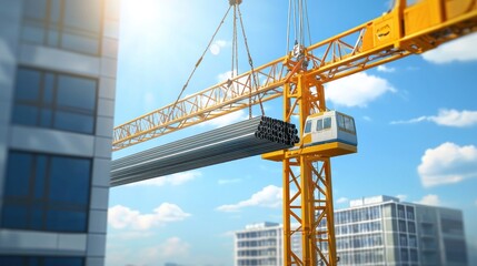 Construction crane lifting steel beams at a building site.