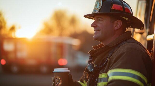Firefighter enjoying coffee during sunset after a long shift