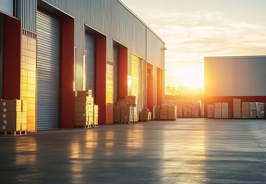 A modern warehouse with large red and gray doors, filled with boxes of goods at sunset