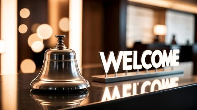 hotel reception bell with welcome sign

