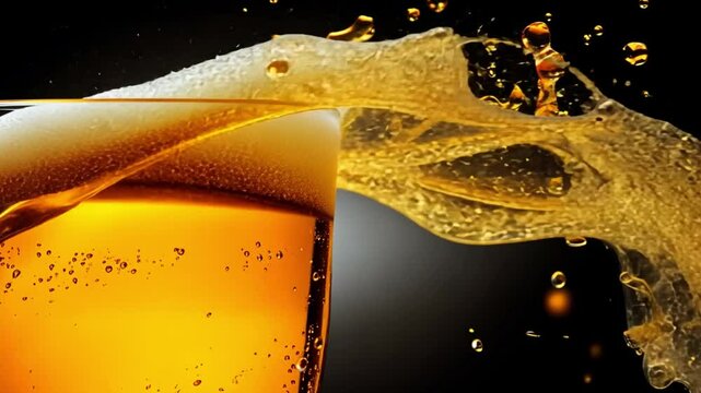 A glass of beer spills over, creating a cool splash over a dark backdrop.