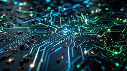 Obraz premium Futuristic circuit board background with glowing blue and green lines for tech branding, modern posters, gaming visuals, and digital innovation designs