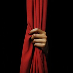 Hand revealing dramatic scene by opening red curtain
