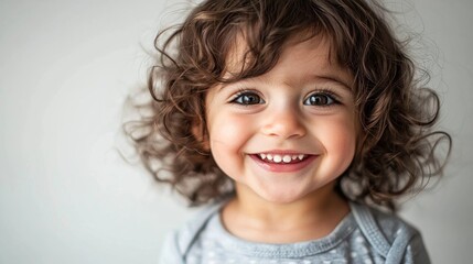 Happy toddler with curly hair smiling at the camera.