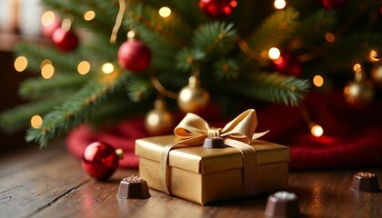 Golden gift box with chocolates under Christmas tree lights