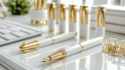 Naklejka premium Elegant White and Gold Pens on a Modern Desk