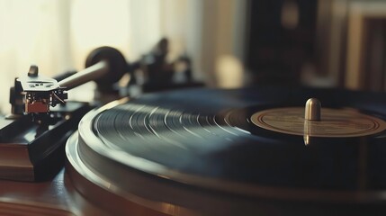 Obraz premium Close-up of a vinyl record spinning on a turntable, illuminated by soft sunlight.