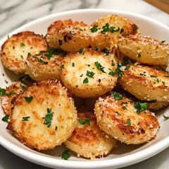 Fototapeta premium Sliced roasted potatoes with parsley and grated cheese in a white bowl