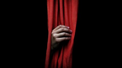 Hand revealing dramatic scene by opening red curtain